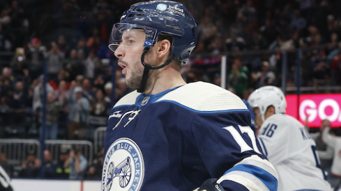 Columbus Blue Jackets right wing Justin Danforth (17) celebrates a goal against the Vancouver Canucks during the second period at Nationwide Arena.