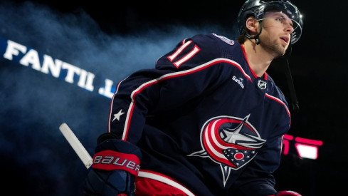 Columbus Blue Jackets' Adam Fantilli takes the ice during player introductions before a game against the Philadelphia Flyers at Nationwide Arena.