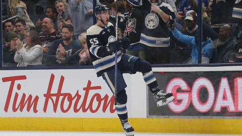 Columbus Blue Jackets' David Jiricek celebrates his goal against the New York Rangers during the second period at Nationwide Arena.