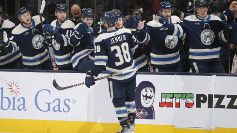 Boone Jenner celebrates one of his three goals against the New York Rangers