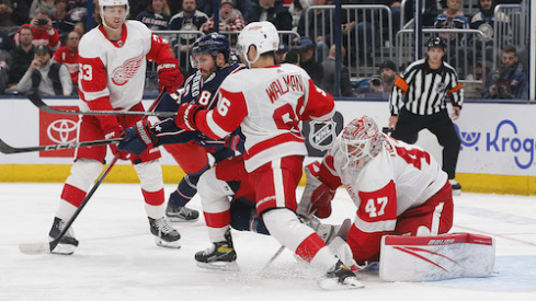 Detroit Red Wings defenseman Jake Walman (96) pushes ]Columbus Blue Jackets center Boone Jenner (38) away from the puck during the second period at Nationwide Arena.