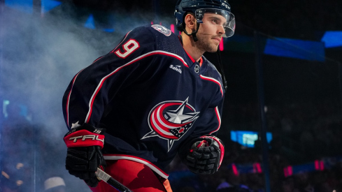 Liam Foudy takes the ice during player introductions