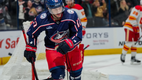 Columbus Blue Jackets' Justin Danforth celebrates after scoring a goal against the Calgary Flames in the third period at Nationwide Arena.