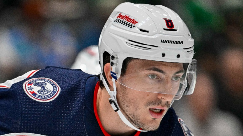 Columbus Blue Jackets defenseman Zach Werenski (8) waits for the face-off against the Dallas Stars during the second period at the American Airlines Center.