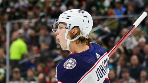 Columbus Blue Jackets center Kent Johnson (91) celebrates his goal against the Minnesota Wild during the second period at Xcel Energy Center. 