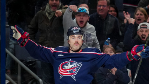 Columbus Blue Jackets defenseman Erik Gudbranson (44) celebrates scoring a goal against the Tampa Bay Lightning in the third period at Nationwide Arena.