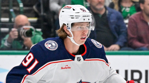 Columbus Blue Jackets center Kent Johnson (91) in action during the game between the Dallas Stars and the Columbus Blue Jackets at American Airlines Center.