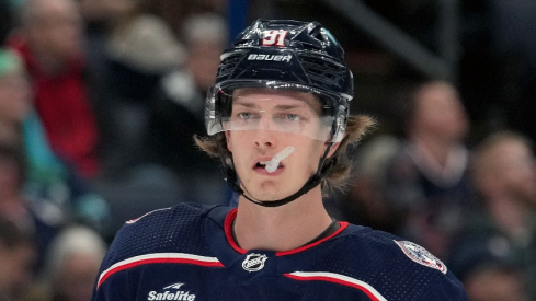 Columbus Blue Jackets center Kent Johnson (91) looks on during the first period against the Seattle Kraken at Nationwide Arena.