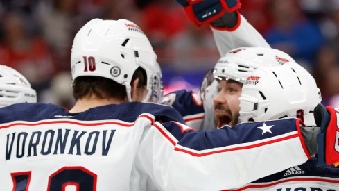 Columbus Blue Jackets left wing Dmitri Voronkov (10) celebrates with teammates after scoring a goal against the Washington Capitals in the second period at Capital One Arena.