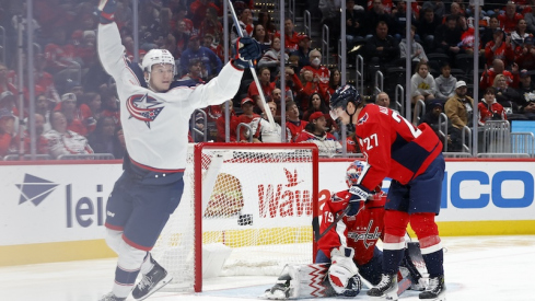 Columbus Blue Jackets' Dmitri Voronkov celebrates after scoring a goal on Washington Capitals goaltender Charlie Lindgren (79) in the second period at Capital One Arena.