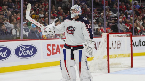 Columbus Blue Jackets' Spencer Martin reacts after a goal by Kirill Marchenko (not pictured) against the Florida Panthers during the second period at Amerant Bank Arena.