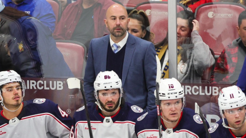 Columbus Blue Jackets head coach Pascal Vincent looks on from the bench against the Florida Panthers during the third period at Amerant Bank Arena.