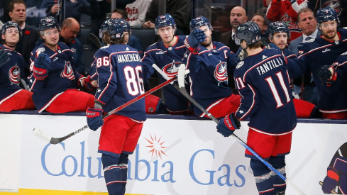 Columbus Blue Jackets right wing Kirill Marchenko (86) celebrates his goal against the Dallas Stars during the first period at Nationwide Arena.