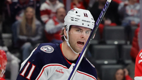 Columbus Blue Jackets center Adam Fantilli (11) celebrates after scoring against the Detroit Red Wings in the first period at Little Caesars Arena.