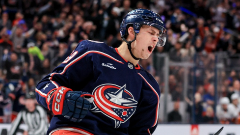 Columbus Blue Jackets right wing Yegor Chinakhov (59) yells as he celebrates scoring a power play goal against the New York Islanders in the second period at Nationwide Arena.