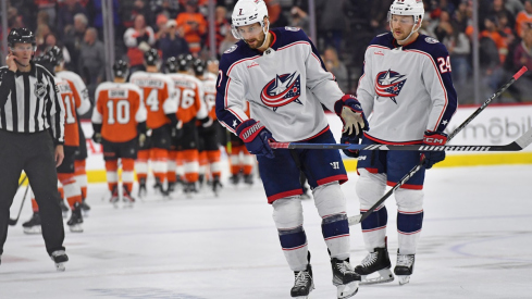 Sean Kuraly and Mathieu Olivier skate off the ice after loss to the Philadelphia Flyers