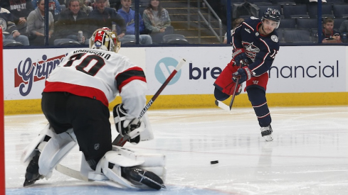 Ottawa Senators' Joonas Korpisalo makes a save on the shot from Columbus Blue Jackets' Johnny Gaudreau during the second period at Nationwide Arena.