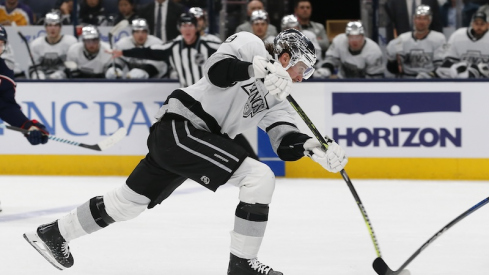 Los Angeles Kings' Adrian Kempe wrists a shot on goal against the Columbus Blue Jackets during the second period at Nationwide Arena.