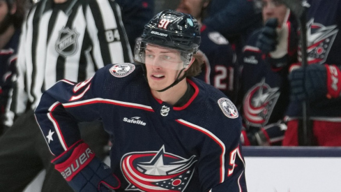 Columbus Blue Jackets center Kent Johnson (91) skates with the puck during the second period against the Ottawa Senators at Nationwide Arena.