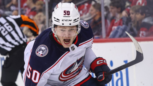 Columbus Blue Jackets left wing Eric Robinson (50) celebrates his goal against the New Jersey Devils during the first period at Prudential Center.