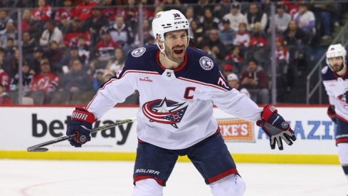 Columbus Blue Jackets center Boone Jenner (38) celebrates his goal against the New Jersey Devils during the first period at Prudential Center.