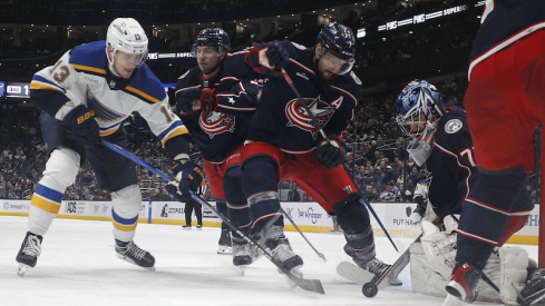 Columbus Blue Jackets' Jet Greaves makes a stick save against the St. Louis Blues during the third period at Nationwide Arena.