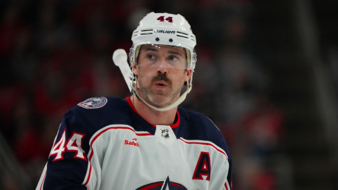 Columbus Blue Jackets defenseman Erik Gudbranson (44) looks on against the Carolina Hurricanes during the second period at PNC Arena.