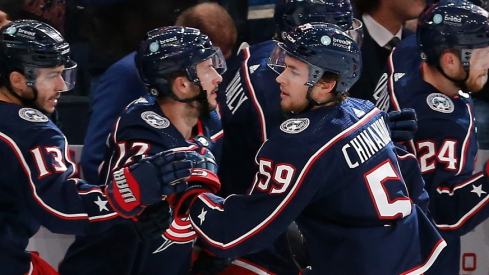 Columbus Blue Jackets right wing Yegor Chinakhov (59) celebrates his goal against the St. Louis Blues during the third period at Nationwide Arena.