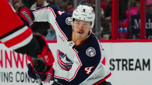 Columbus Blue Jackets center Cole Sillinger (4) skates with the puck against the Carolina Hurricanes during the second period at PNC Arena.