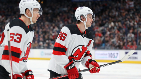 New Jersey Devils center Jack Hughes (86) celebrates his second goal of the game with left wing Jesper Bratt (63) during the second period against the Columbus Blue Jackets at Nationwide Arena.