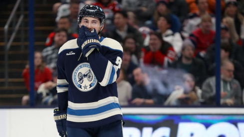 Columbus Blue Jackets' Zach Werenski reacts to a missed shot during the first period against the New Jersey Devils at Nationwide Arena.