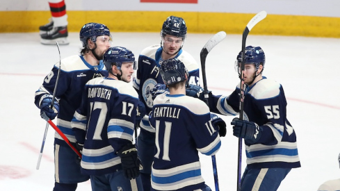 Columbus Blue Jackets' Alexandre Texier celebrates his goal with teammates during the third period against the New Jersey Devils at Nationwide Arena.