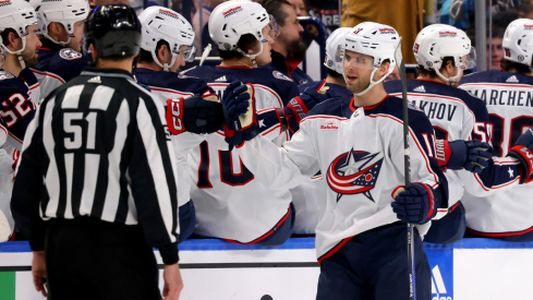 Columbus Blue Jackets center Adam Fantilli celebrates his goal with teammates