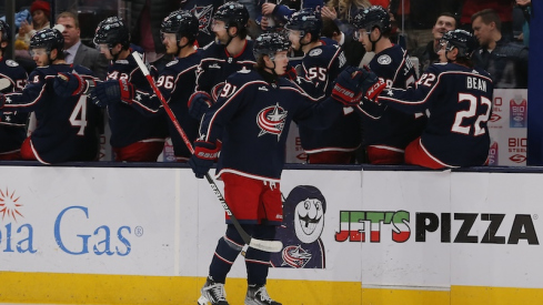 Columbus Blue Jackets' Kent Johnson celebrates his goal against the Boston Bruins during the second period at Nationwide Arena.