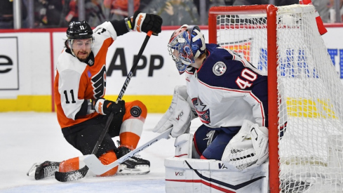 Columbus Blue Jackets' Daniil Tarasov makes a save against Philadelphia Flyers' Travis Konecny during the first period at Wells Fargo Center.