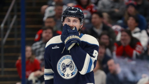 Columbus Blue Jackets defenseman Zach Werenski (8) reacts to a missed shot during the first period against the New Jersey Devils at Nationwide Arena.