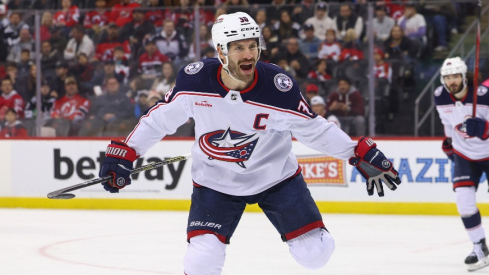 Columbus Blue Jackets center Boone Jenner (38) celebrates his goal against the New Jersey Devils during the first period at Prudential Center.