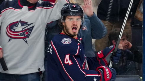 Columbus Blue Jackets center Cole Sillinger (4) celebrates after scoring a goal against the Minnesota Wild in the first period at Nationwide Arena.