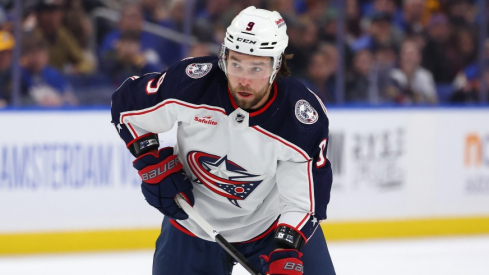 Columbus Blue Jackets defenseman Ivan Provorov (9) looks to make a pass during the first period against the Buffalo Sabres at KeyBank Center.