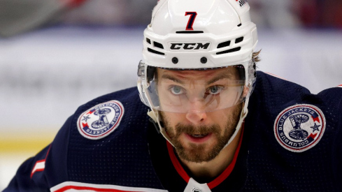 Columbus Blue Jackets center Sean Kuraly (7) waits for the face-off during the first period against the Buffalo Sabres at KeyBank Center.