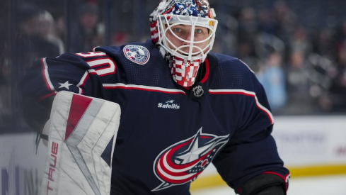 Columbus Blue Jackets' Elvis Merzlikins skates during warmups before a game against the Montreal Canadiens at Nationwide Arena.