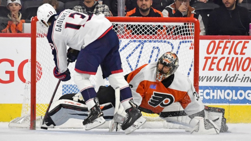 Columbus Blue Jackets left wing Johnny Gaudreau (13) scores a goal against Philadelphia Flyers goaltender Samuel Ersson (33) during the shootout at Wells Fargo Center.