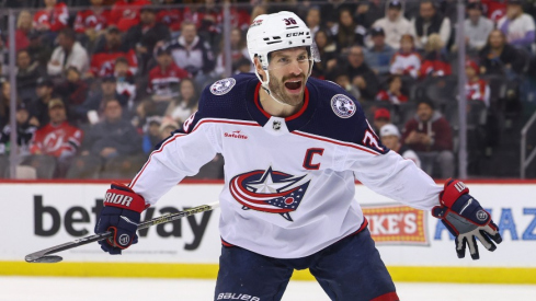 Columbus Blue Jackets center Boone Jenner (38) celebrates his goal against the New Jersey Devils during the first period at Prudential Center.