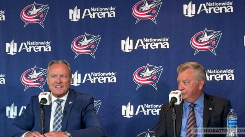 Columbus Blue Jackets head coach Dean Evason at his introductory press conference alongside president and general manager Don Waddell on Tuesday, July 23.