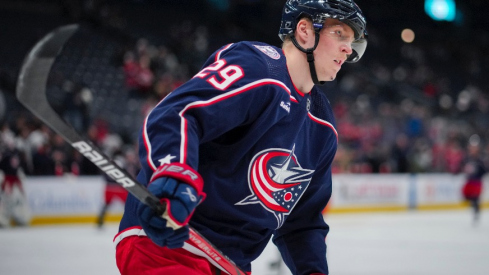 Columbus Blue Jackets right wing Patrik Laine skates during warmups before a game against the Montreal Canadiens at Nationwide Arena.