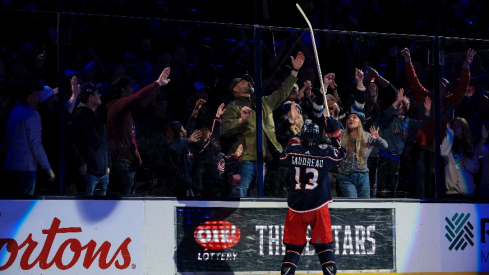 Columbus Blue Jackets left wing Johnny Gaudreau tosses a stick into the crowd after the game the Nashville Predators at Nationwide Arena.