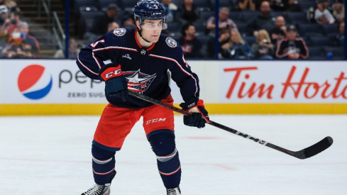 Columbus Blue Jackets defenseman Denton Mateychuk (5) skates against the Buffalo Sabres in the third period at Nationwide Arena.