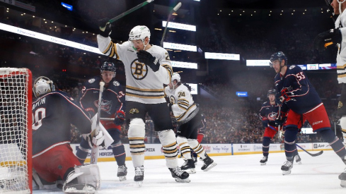 Boston Bruins left wing James van Riemsdyk (21) celebrates his goal against the Columbus Blue Jackets during the second period at Nationwide Arena.