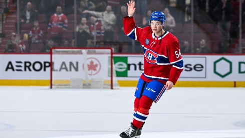 Montreal Canadiens defenseman Jordan Harris (54) second star of the game salutes the crowd after the end of the game against the Arizona Coyotes at Bell Centre.