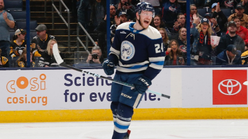 Columbus Blue Jackets right wing Mathieu Olivier (24) celebrates his goal against the Pittsburgh Penguins during the first period at Nationwide Arena.